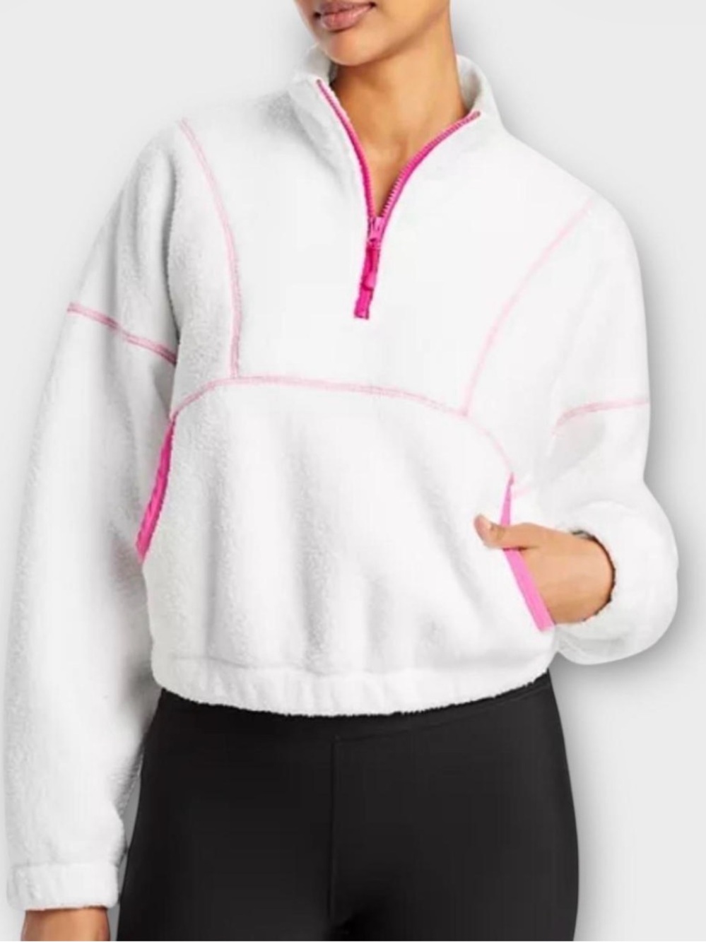 Year of Ours White Sherpa Half-Zip Pullover with Pink Trim